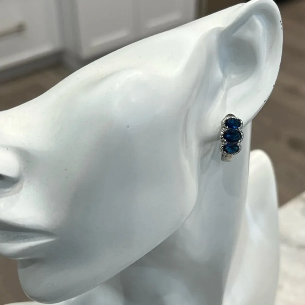 Trilogy Blue Gemstone Diamond Accent Latch Back Earrings - Picture 4 of 11